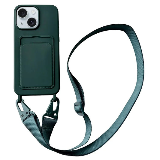For iPhone 15 Plus Crossbody Lanyard Case Card Slot Liquid Silicone Phone Coverish Green