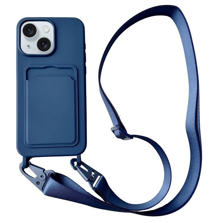 For iPhone 14 Plus Case Liquid Silicone Card Holder Adjustable Strap Phone Cover