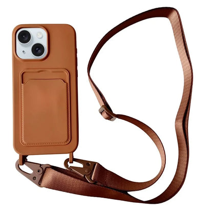 For iPhone 14 Plus Case Liquid Silicone Card Holder Adjustable Strap Phone Cover