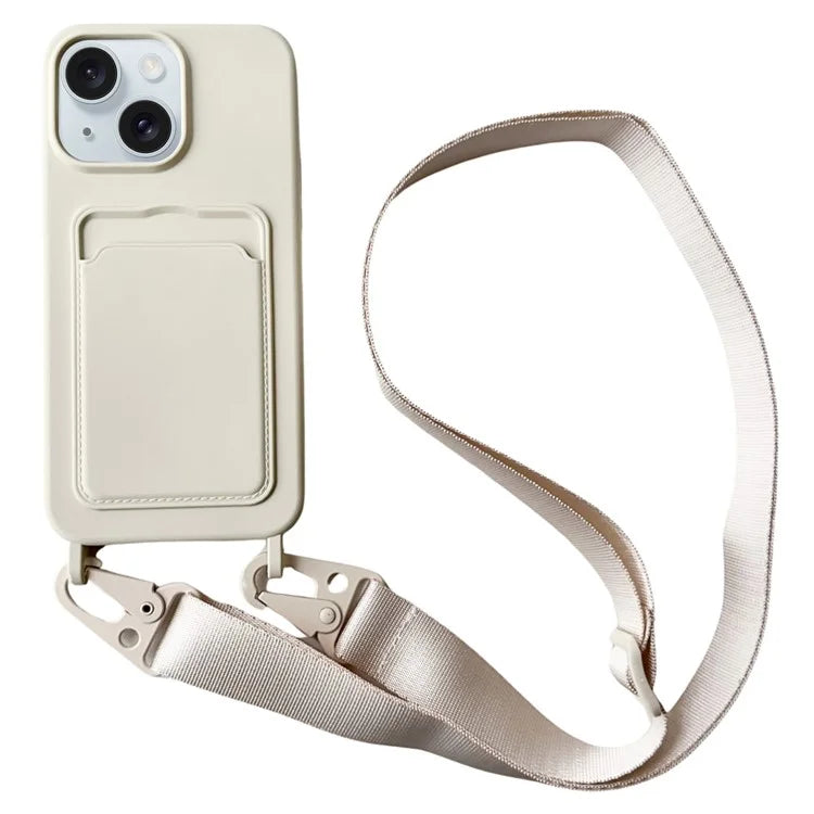 For iPhone 14 Plus Case Liquid Silicone Card Holder Adjustable Strap Phone Cover