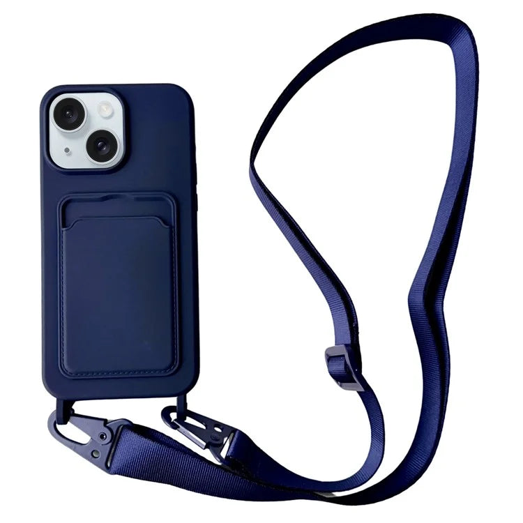 For iPhone 14 Plus Case Liquid Silicone Card Holder Adjustable Strap Phone Cover