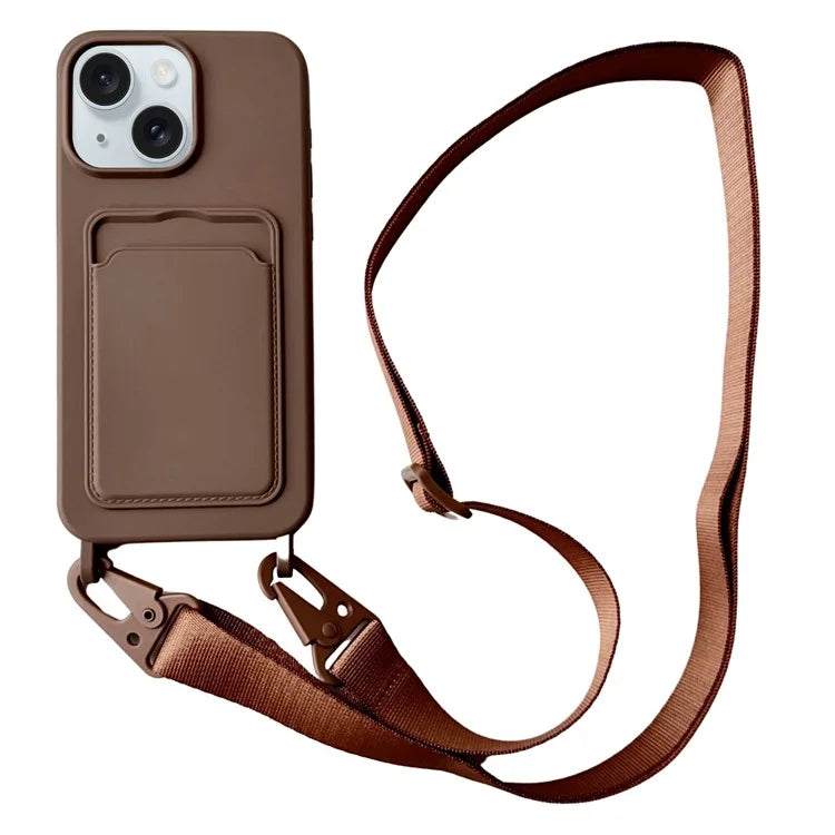 For iPhone 14 Plus Case Liquid Silicone Card Holder Adjustable Strap Phone Cover