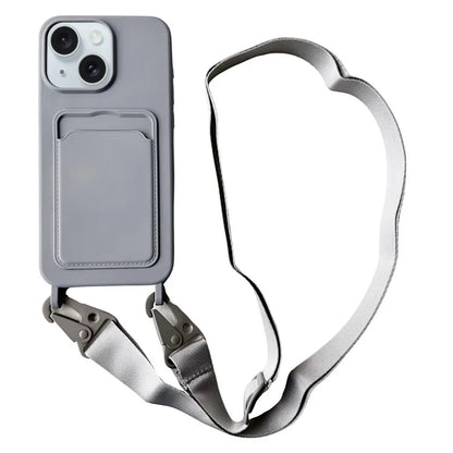 For iPhone 14 Plus Case Liquid Silicone Card Holder Adjustable Strap Phone Cover