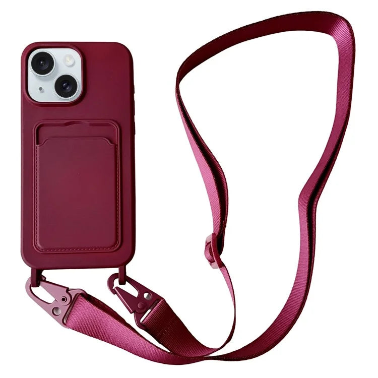 For iPhone 14 Plus Case Liquid Silicone Card Holder Adjustable Strap Phone Cover