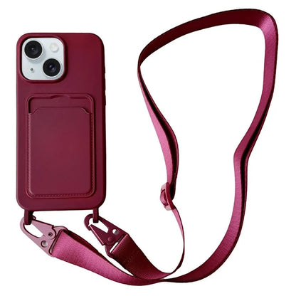 For iPhone 14 Plus Case Liquid Silicone Card Holder Adjustable Strap Phone Cover
