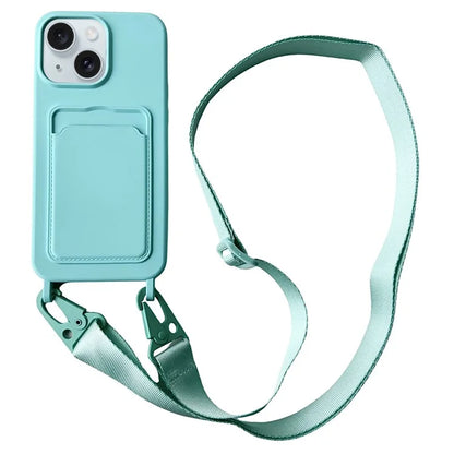 For iPhone 14 Plus Case Liquid Silicone Card Holder Adjustable Strap Phone Cover