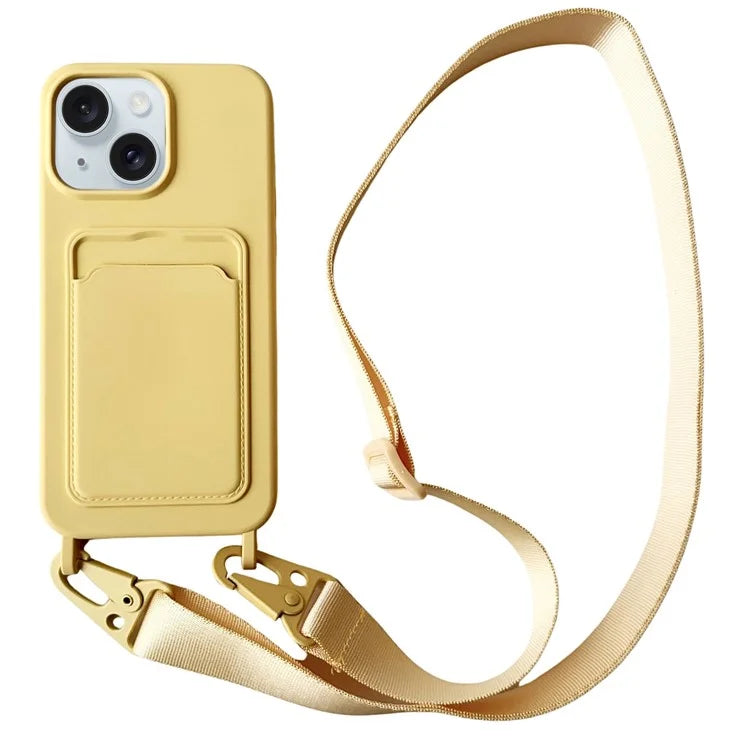 For iPhone 14 Plus Case Liquid Silicone Card Holder Adjustable Strap Phone Cover