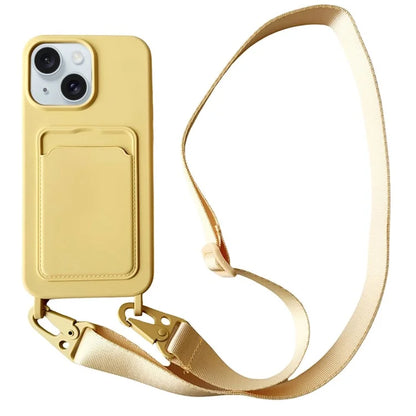 For iPhone 14 Plus Case Liquid Silicone Card Holder Adjustable Strap Phone Cover