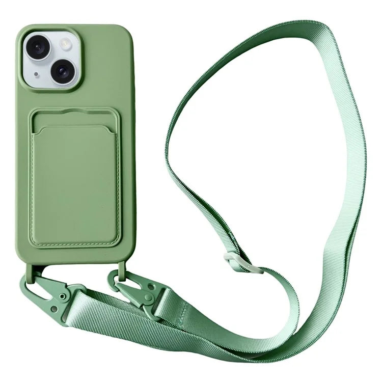 For iPhone 14 Plus Case Liquid Silicone Card Holder Adjustable Strap Phone Cover
