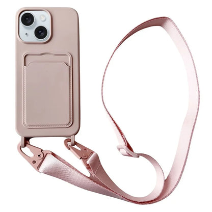 For iPhone 14 Plus Case Liquid Silicone Card Holder Adjustable Strap Phone Cover