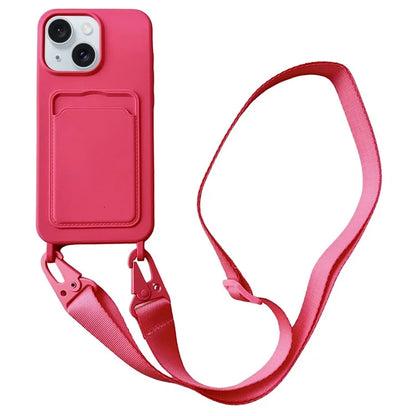 For iPhone 14 Plus Case Liquid Silicone Card Holder Adjustable Strap Phone Cover