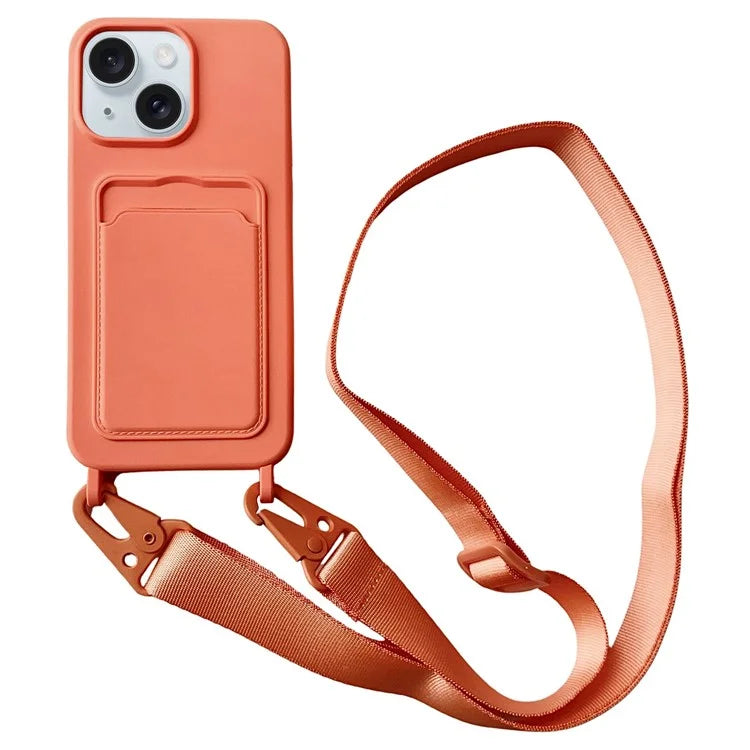 For iPhone 14 Plus Case Liquid Silicone Card Holder Adjustable Strap Phone Cover