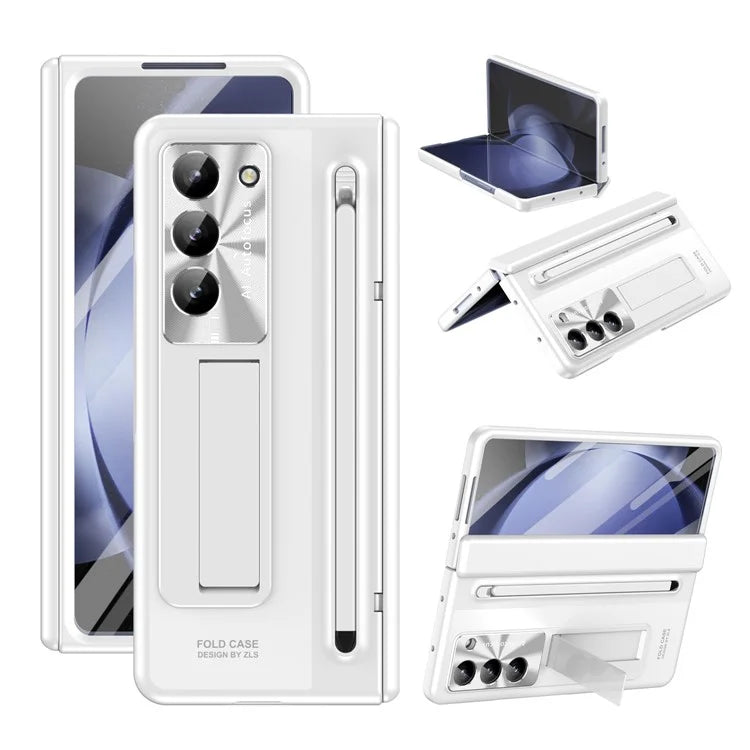 For Samsung Galaxy Z Fold5 5G Case Hinge PC Kickstand Phone Cover with Tempered Glass Film  /  Stylus