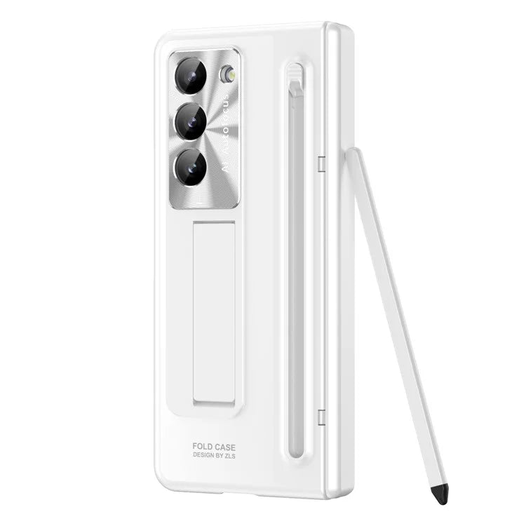 For Samsung Galaxy Z Fold5 5G Case Hinge PC Kickstand Phone Cover with Tempered Glass Film  /  Stylus