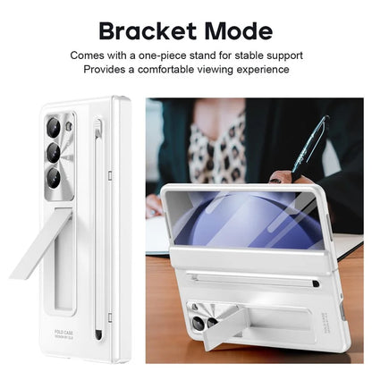 For Samsung Galaxy Z Fold5 5G Case Hinge PC Kickstand Phone Cover with Tempered Glass Film  /  Stylus