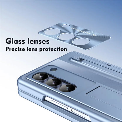 For Samsung Galaxy Z Fold5 5G Case Hinge PC Kickstand Phone Cover with Tempered Glass Film  /  Stylus