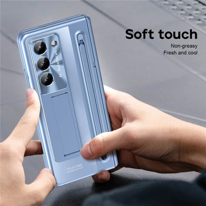 For Samsung Galaxy Z Fold5 5G Case Hinge PC Kickstand Phone Cover with Tempered Glass Film  /  Stylus
