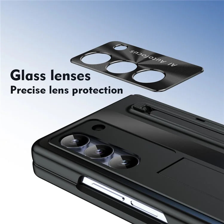 For Samsung Galaxy Z Fold5 5G Case Hinge PC Kickstand Phone Cover with Tempered Glass Film  /  Stylus