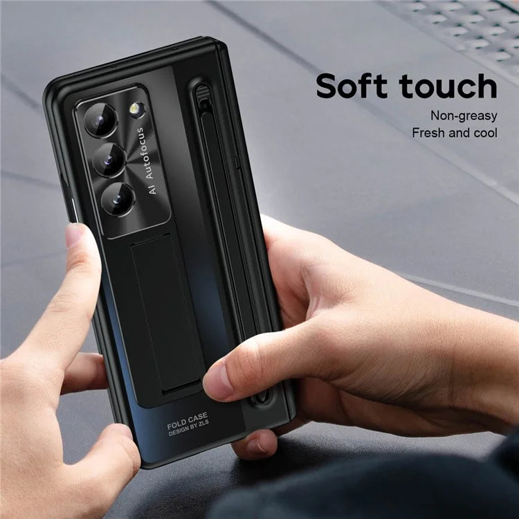 For Samsung Galaxy Z Fold5 5G Case Hinge PC Kickstand Phone Cover with Tempered Glass Film  /  Stylus