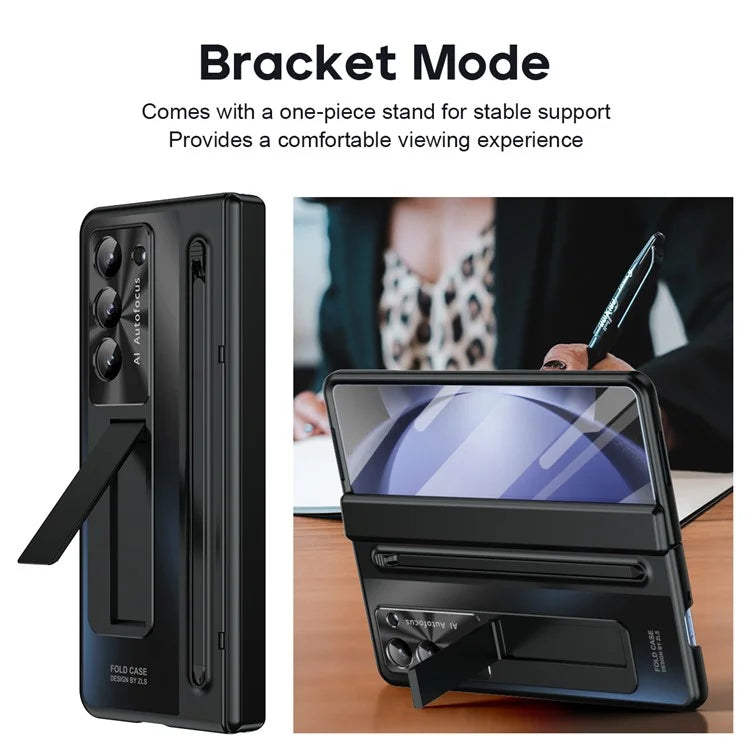 For Samsung Galaxy Z Fold5 5G Case Hinge PC Kickstand Phone Cover with Tempered Glass Film  /  Stylus