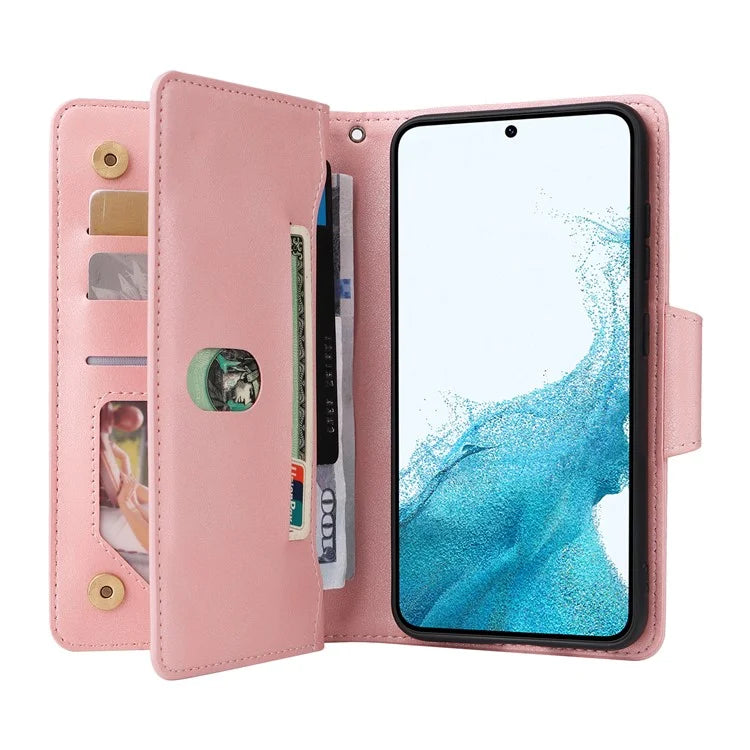 For Samsung Galaxy S23 Case Card Slots Rivet Decor Leather Phone Cover with Stand