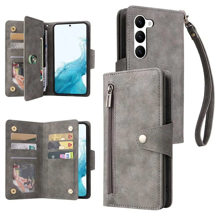 For Samsung Galaxy S23 Case Card Slots Rivet Decor Leather Phone Cover with Stand