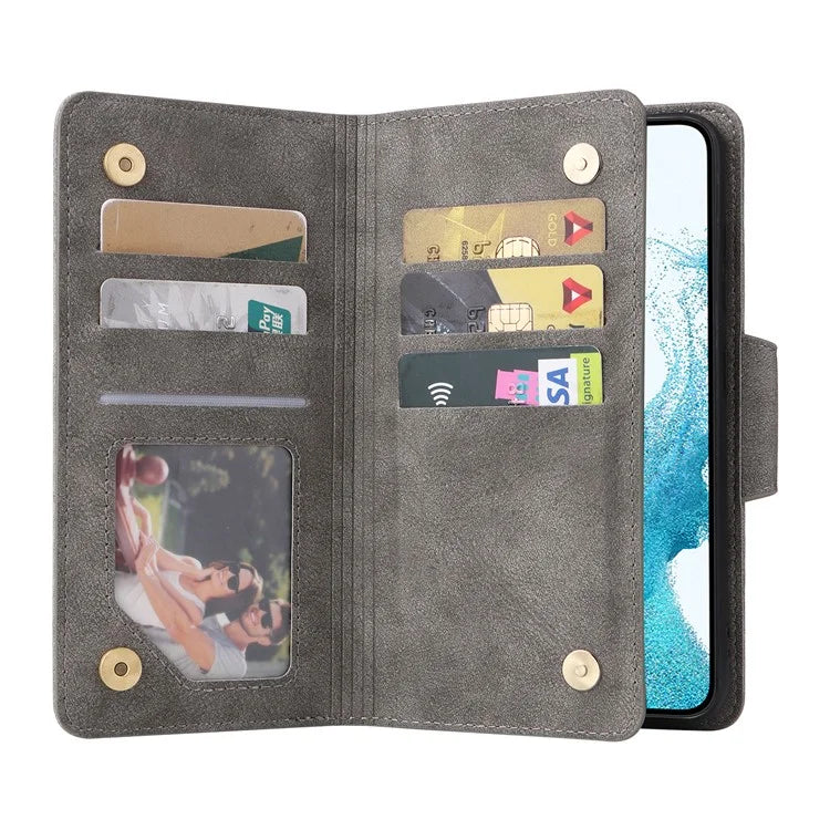 For Samsung Galaxy S23 Case Card Slots Rivet Decor Leather Phone Cover with Stand