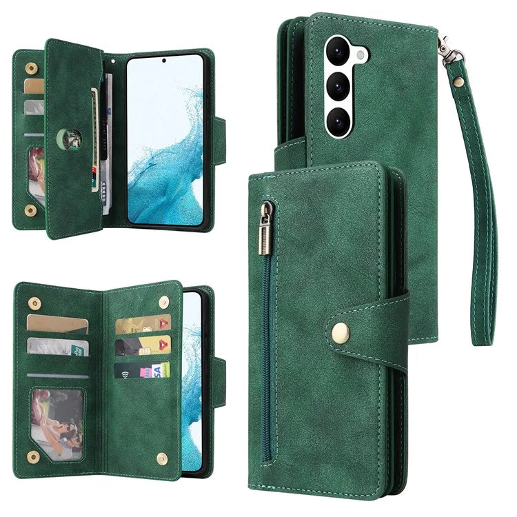 For Samsung Galaxy S23 Case Card Slots Rivet Decor Leather Phone Cover with Stand