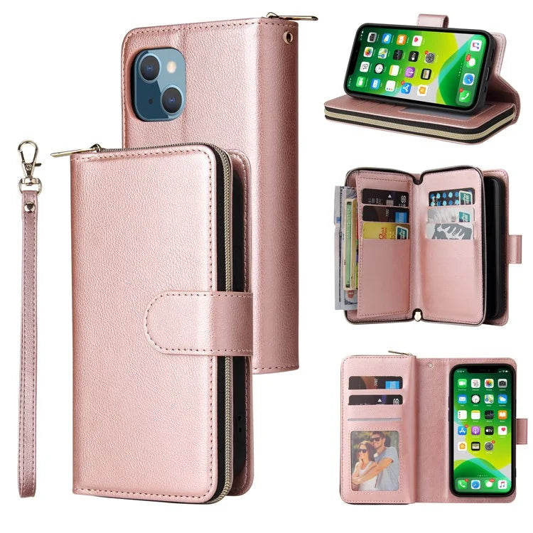 For iPhone 13 mini Leather Case Wallet Zippered Stand Phone Cover