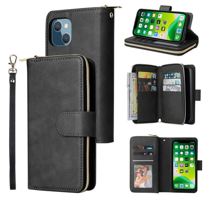 For iPhone 13 mini Leather Case Wallet Zippered Stand Phone Cover