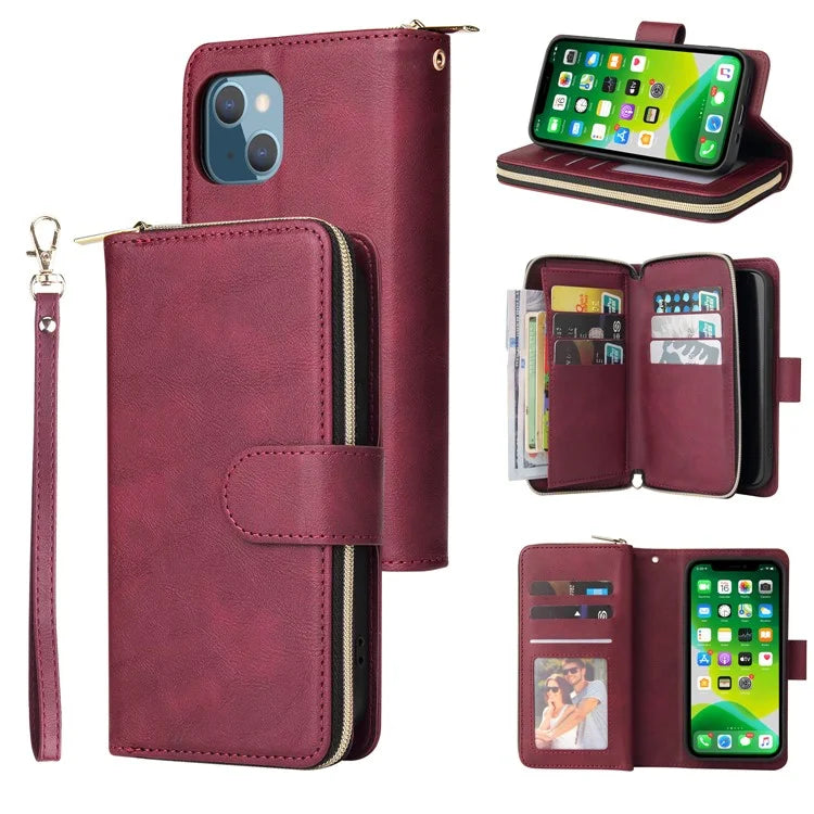 For iPhone 13 mini Leather Case Wallet Zippered Stand Phone Cover