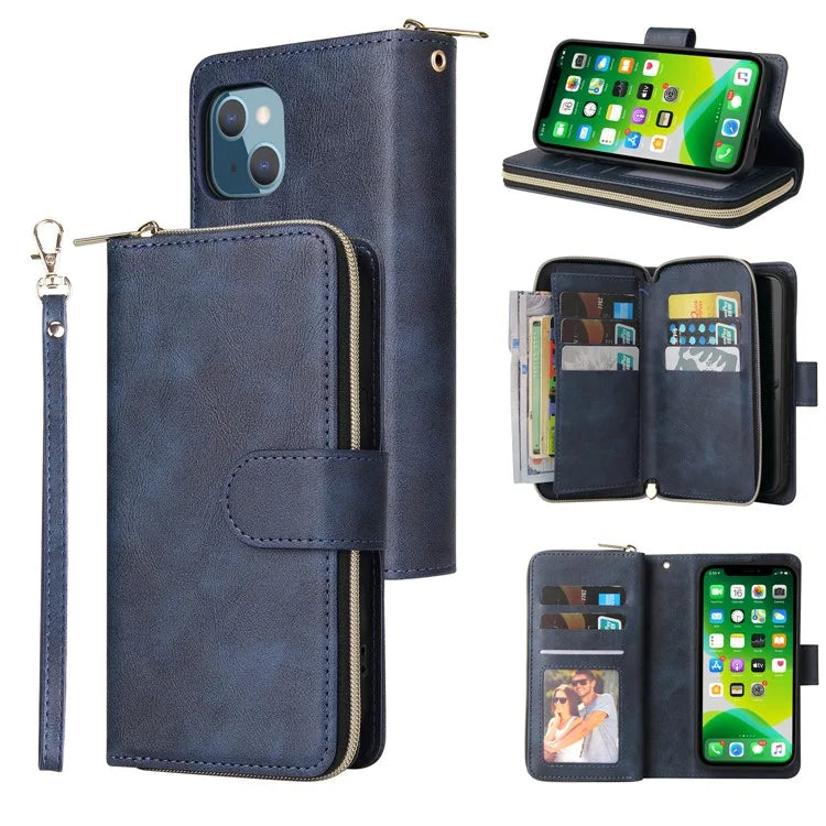 For iPhone 13 Case Wallet Zippered Stand Leather Phone Cover