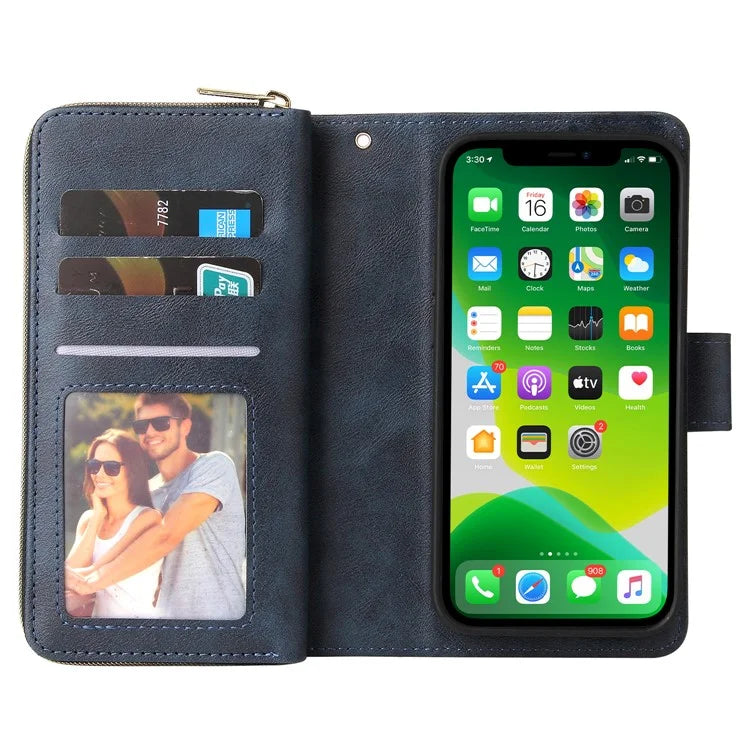 For iPhone 13 Case Wallet Zippered Stand Leather Phone Cover