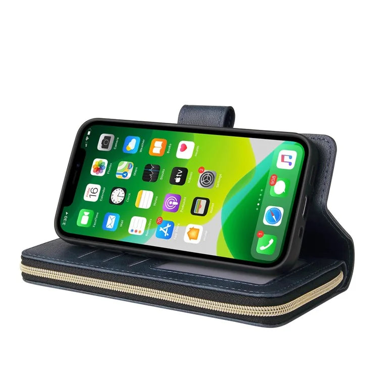 For iPhone 13 Case Wallet Zippered Stand Leather Phone Cover