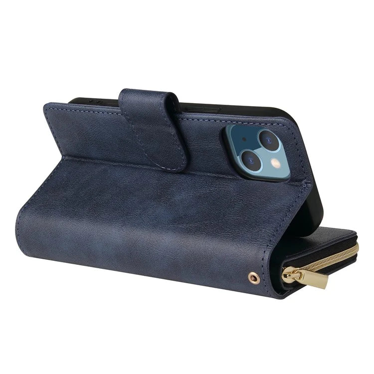 For iPhone 13 Case Wallet Zippered Stand Leather Phone Cover