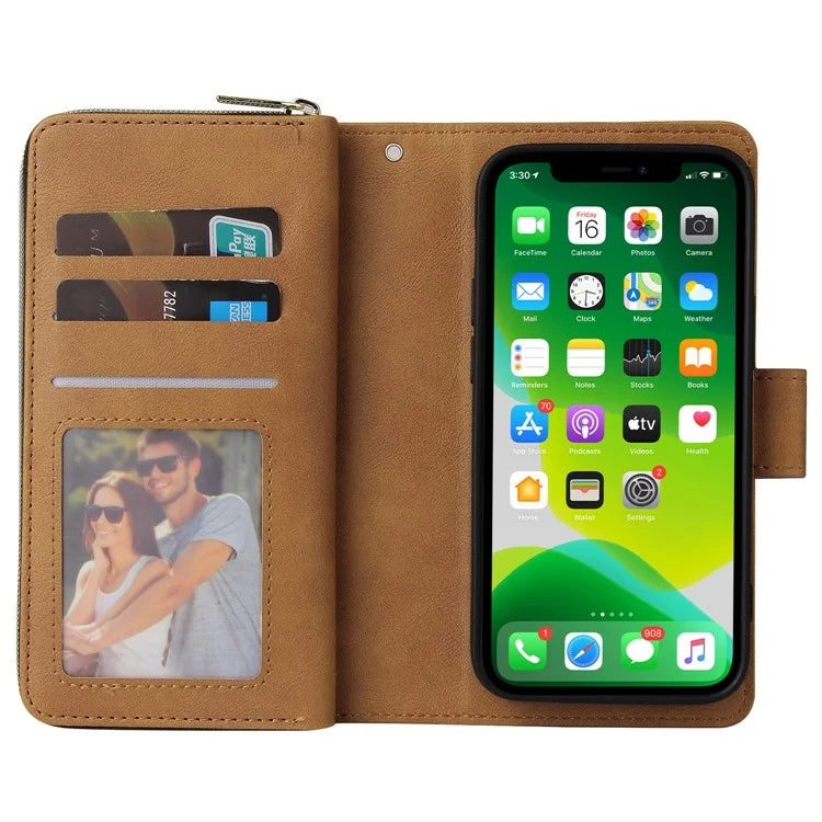 For iPhone 13 Case Wallet Zippered Stand Leather Phone Cover