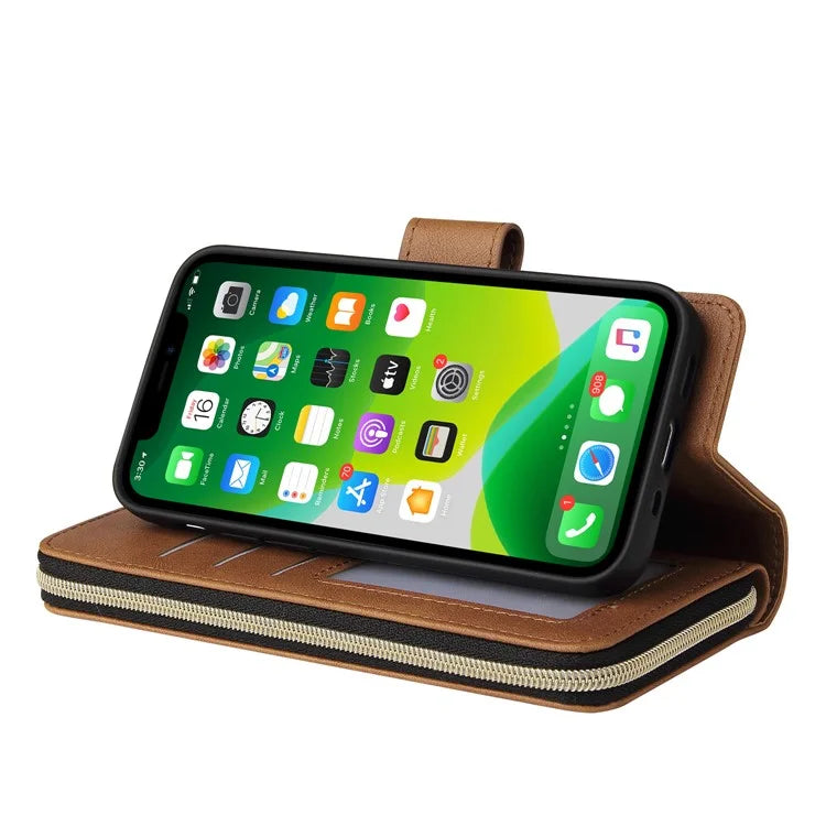 For iPhone 13 Case Wallet Zippered Stand Leather Phone Cover