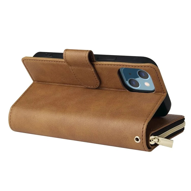 For iPhone 13 Case Wallet Zippered Stand Leather Phone Cover