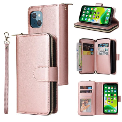 For iPhone 13 Case Wallet Zippered Stand Leather Phone Cover
