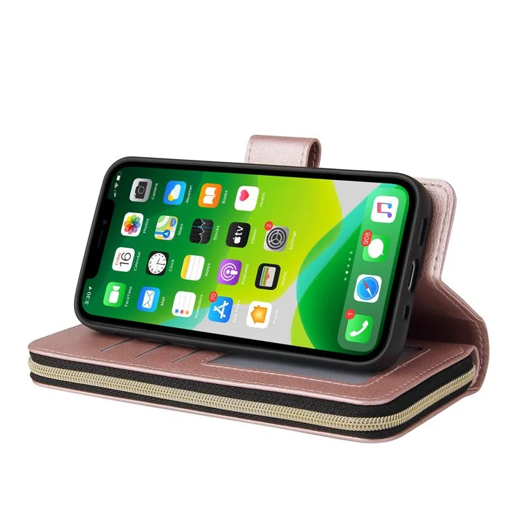 For iPhone 13 Case Wallet Zippered Stand Leather Phone Cover