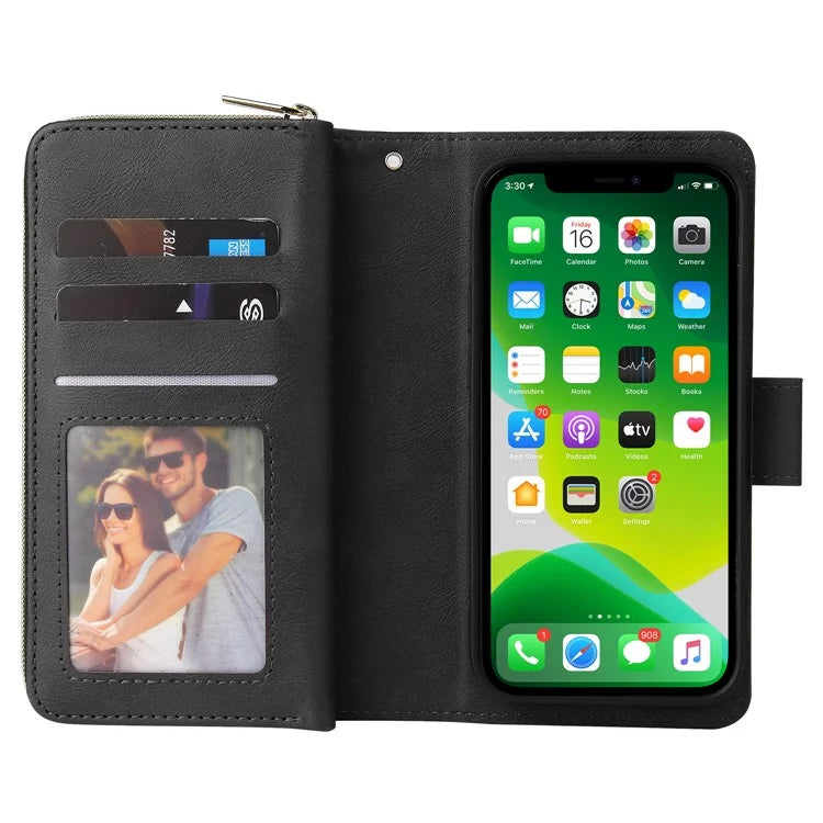 For iPhone 13 Case Wallet Zippered Stand Leather Phone Cover