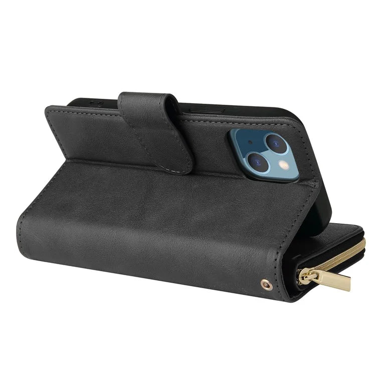 For iPhone 13 Case Wallet Zippered Stand Leather Phone Cover