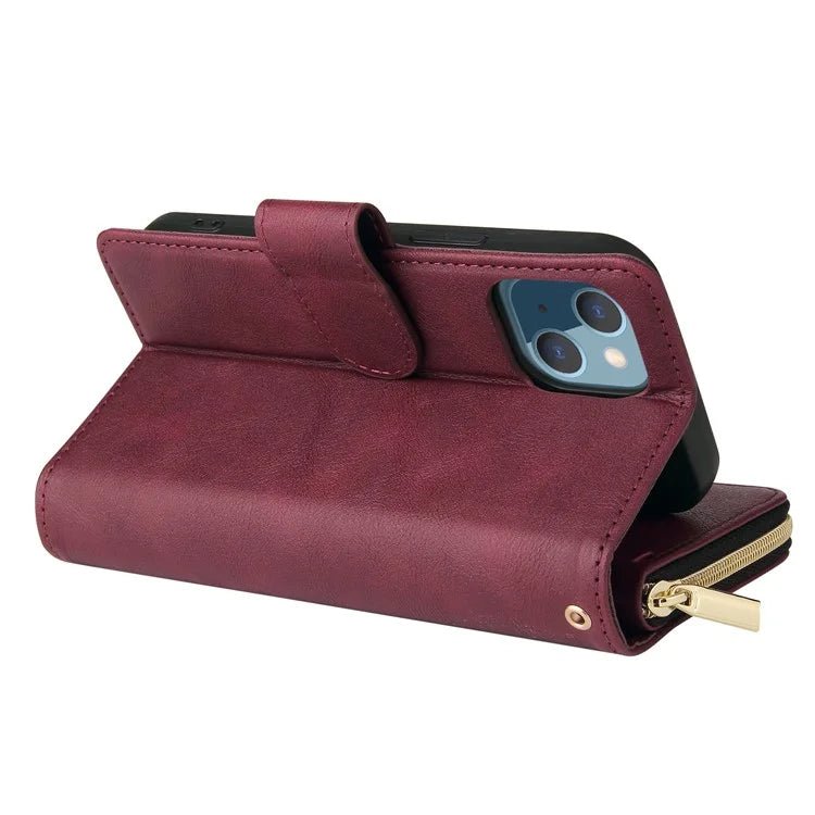 For iPhone 13 Case Wallet Zippered Stand Leather Phone Cover
