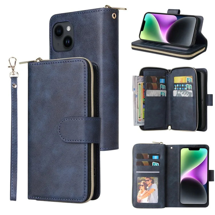 For iPhone 14 Leather Case Card Slots Zipper Wallet Mobile Phone Cover