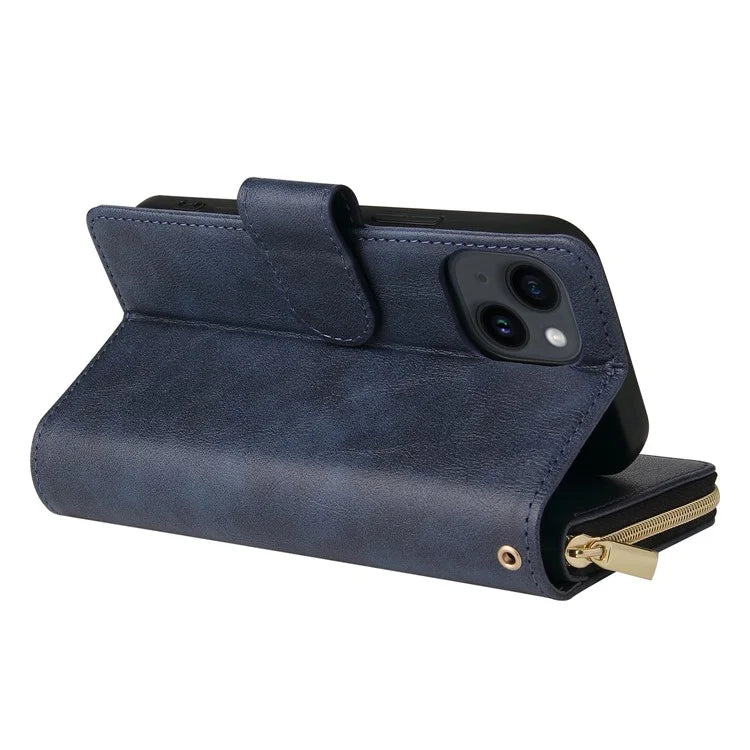 For iPhone 14 Leather Case Card Slots Zipper Wallet Mobile Phone Cover