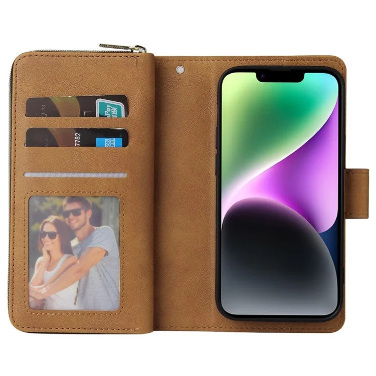 For iPhone 14 Leather Case Card Slots Zipper Wallet Mobile Phone Cover
