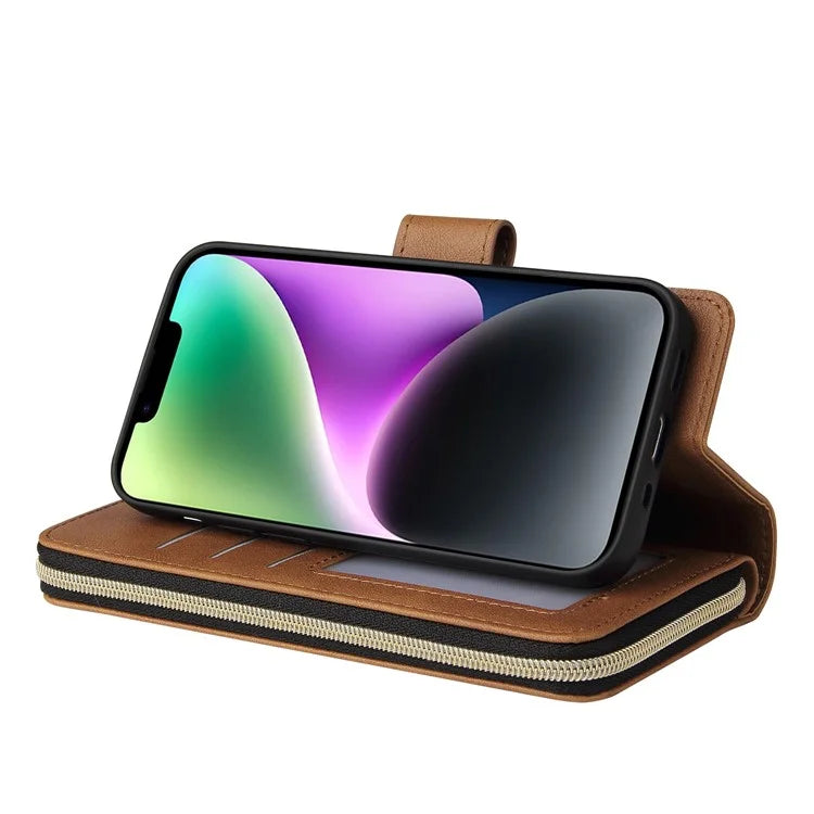 For iPhone 14 Leather Case Card Slots Zipper Wallet Mobile Phone Cover