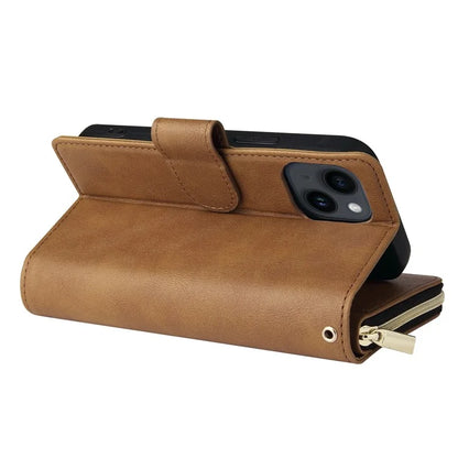 For iPhone 14 Leather Case Card Slots Zipper Wallet Mobile Phone Cover