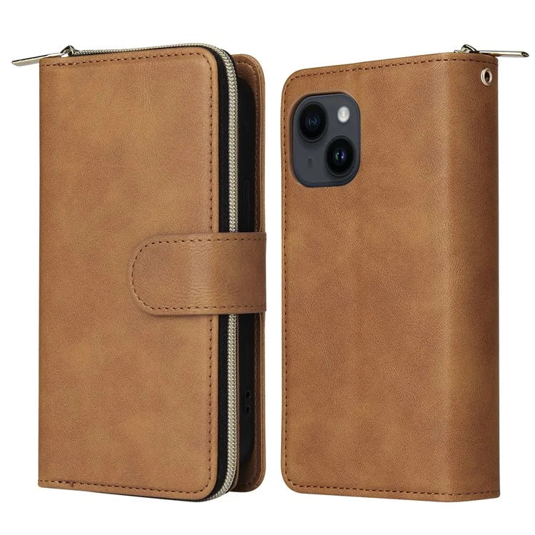 For iPhone 14 Leather Case Card Slots Zipper Wallet Mobile Phone Cover