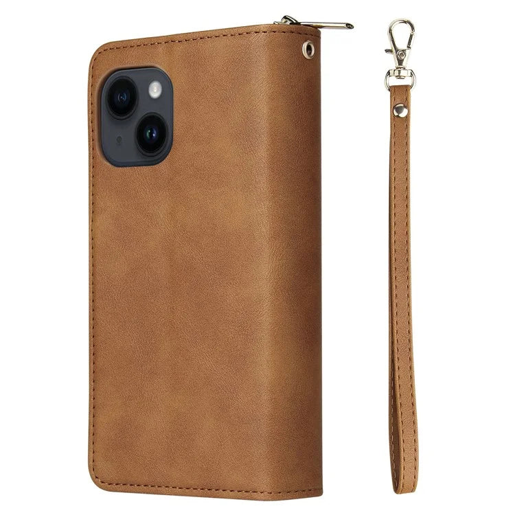 For iPhone 14 Leather Case Card Slots Zipper Wallet Mobile Phone Cover